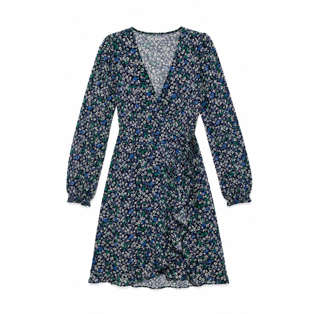 Banana Republic Womens 4 Navy Blue Green Floral Wrap Dress Long Sleeve Tie Waist